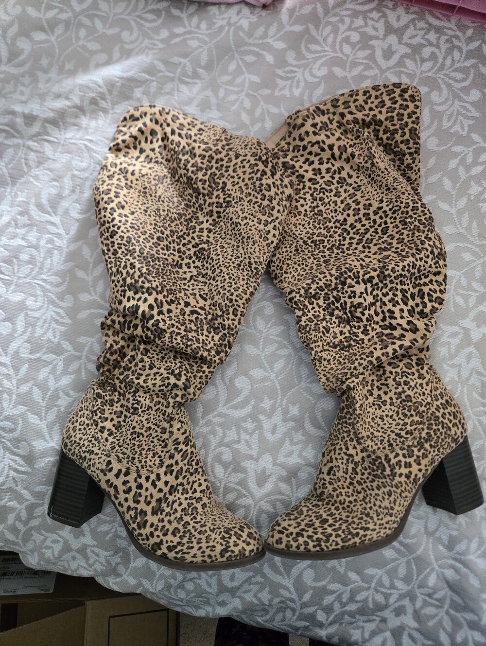 Leopard Print Slouch Knee-High Women’s Boots - Tan/Black